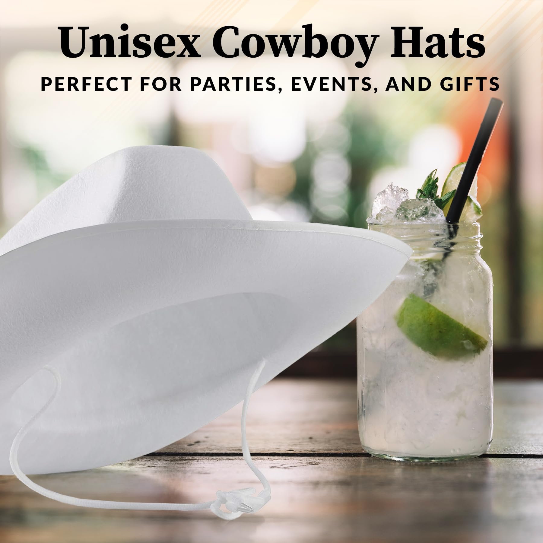 Bedwina White Cowboy Hat - (Pack of 2) for Adults with Adjustable Neck Drawstring, Dress-up Parties, and Play Costume Accessories, Fits Most Teen Girls Boys